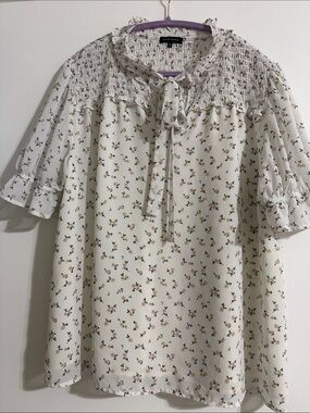 Pleione Floral Tie-Neck Smocked Yoke Blouse - Cream with Yellow & Black Flowers